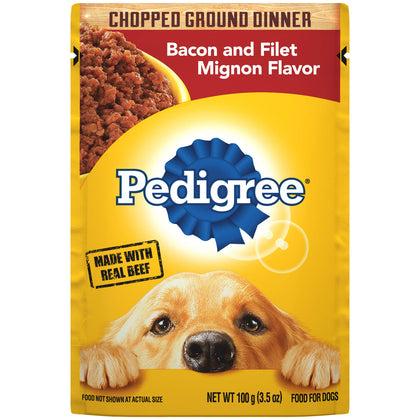 PEDIGREE CHOPPED GROUND DINNER Adult Soft Wet Dog Food, Bacon and Filet Mignon Flavor, 3.5 oz Pouches, 16 Pack