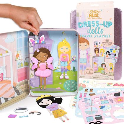 Story Magic Dress-Up Dolls Playset, Pretend Play Magnetic Case, Magnet Outfit and Accessory Pieces, Great for Travel or Playdates, Magnetic On The Go Activity Set for Ages 4, 5, 6, 7 , Pink
