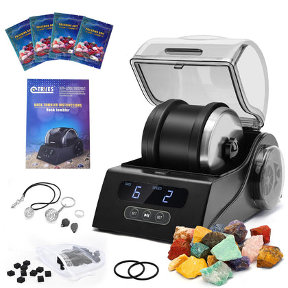 Tryes Rock Tumbler Kit Adults - Rock Polisher Tumbler with Noise Reduction Cover, Speed&Timer Control, Includes 4 Polishing Grits, Rough Gemstones, Learning Guide etc., Great Science Gift for All Ages