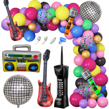 Amandir 80s 90s Theme Party Decorations, 90Pcs Balloon Garland Kit 6PCS Inflatable Disco Ball Radio Boom Box Retro Mobile Phone Guitar Microphone Balloons for Back to 80s 90s Hip Hop Birthday Supplies