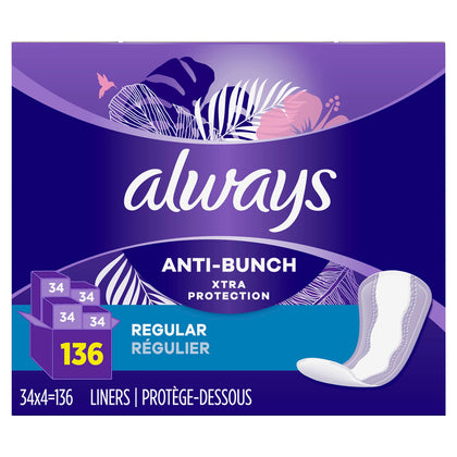 Always Anti-Bunch Xtra Protection, Panty Liners for Women, Regular, Unscented, 34 Count (Pack of 4)