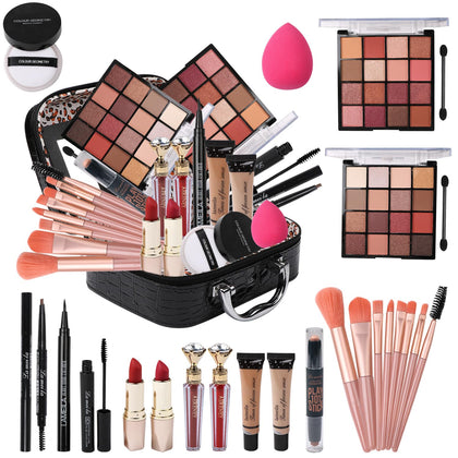Delymol Makeup Kit for Teen Girls,All in One Makeup Kit for 2X16 Colors Eyeshadow Liquid Foundation Eyeliner Pencils Contouring Stick Lip Gloss Eyebrow Pencils 8Pcs Makeup Brushes etc (black)