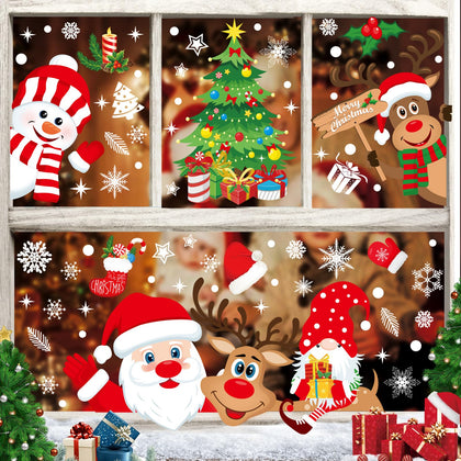 Christmas Window Stickers 267pcs Christmas Decals Reusable Double Sided Printed Self Adhesive Window Decorations Santa Claus,Moose,Snowman,Dwarfs,Xmas Tree and Snowflakes Window Clings,10 Sheet