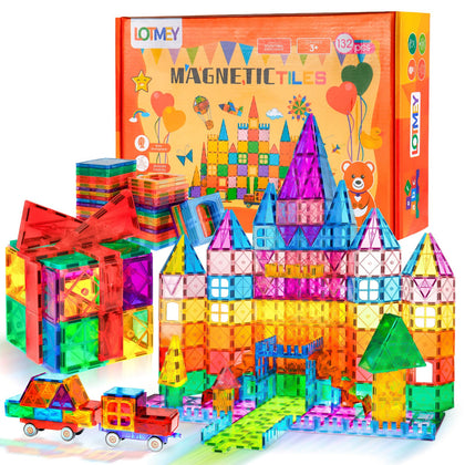 Lotmey 132PCS Magnetic Tiles with 2 Cars Deluxe Set, 3D Magnetic Building Blocks, Preschool Magnetic STEM Toys Sensory Educational Toys for Toddlers Kids 3 4 5 6 7 8-12, Gift for Boys Girls