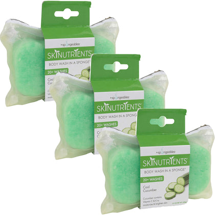 Spongeables Skinutrients Moisturizing Body, Wash in a Sponge With Bonus Travel Bag, 20+ Washes, Cucumber, 3 Count