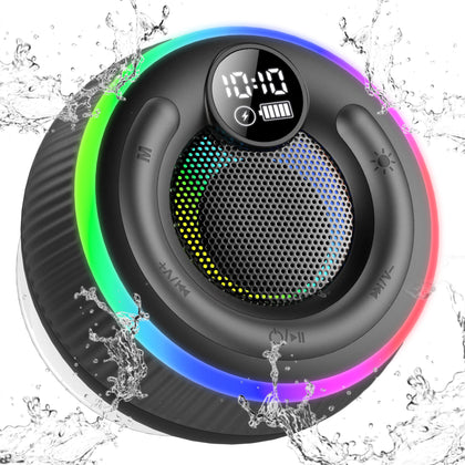 POMUIC Bluetooth Shower Speaker, Portable Wireless Speaker Stereo Sound, RGB Lights, IP7 Waterproof Bluetooth Speaker with Suction Cup and Mic, 8H Portable Speakers for Travel, Party, Home, Outdoors