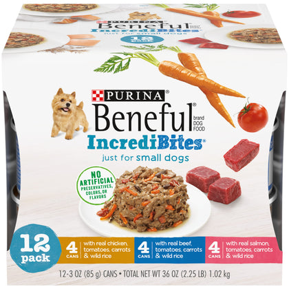 Purina Beneful Small Breed Wet Dog Food Variety Pack, IncrediBites With Real Beef, Chicken or Salmon - (2 Packs of 12) 3 oz. Cans