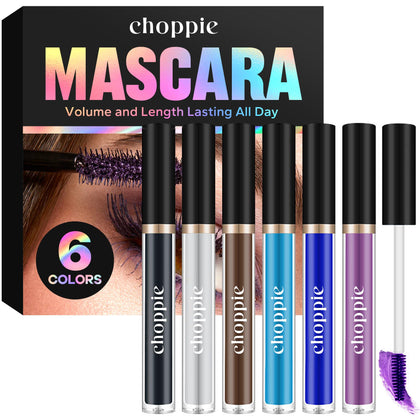 Choppie Multicoloured Waterproof Mascara For Lashes (6 Colors), White, Black, Brown, Ocean Blue, Dark Blue And Purple With Lash Comb Brush - Lengthening, Volumising, Long Lasting, Natural Eye Make-up