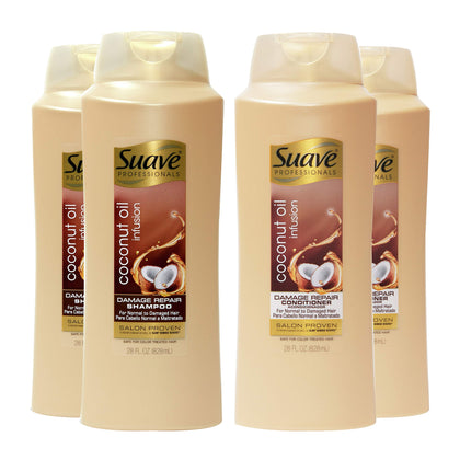 Suave Professionals Damage Repair Shampoo + Conditioner Coconut Oil, 28 Fl Oz (Pack of 4)