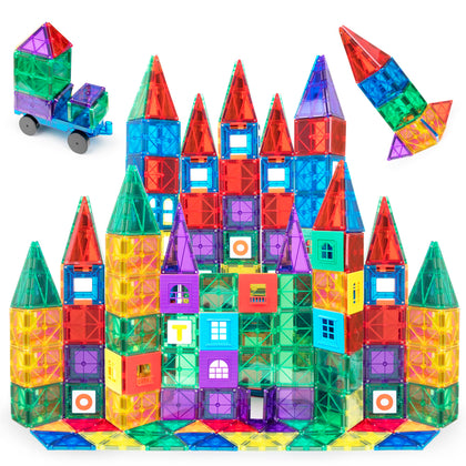 Playmags 150-Piece Magnetic Tiles Building Set - 3D Magnet Building Blocks, Creative Imagination, Inspirational, Educational STEM Toys for Kids with 1 Car