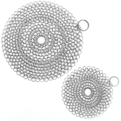 ONEEKK Cast Iron Skillet Cleaner Chainmail,2 Pack Premium Stainless Steel Chain Maille Scrubber for Cast Iron Pans,Stainless Steel,Glassware(7IN &5IN Round)