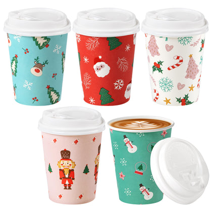Fit Meal Prep 50 Pack 8 oz Christmas Disposable Coffee Cups with White Lids, Durable Thickened Christmas Paper Cups for Hot Beverage Chocolate Tea Cocoa, Christmas Cups for Kids, Party, Holiday