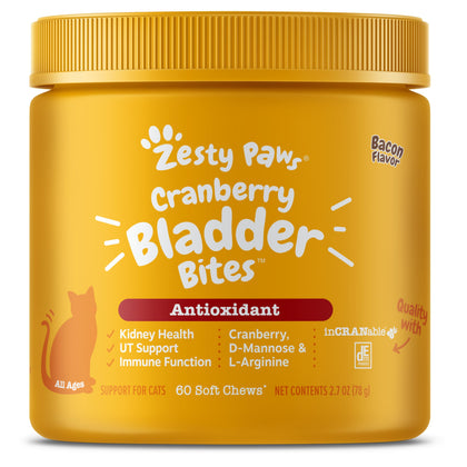 Zesty Paws Cranberry Bladder Bites for Cats - Kidney & Urinary Tract Health - Soft Chews with D-Mannose, Vitamin B6 & L-Arginine - Immune & Gut Support - Bacon - 60 Count