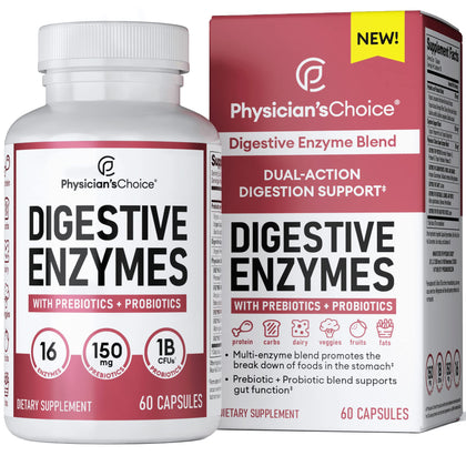 Physician's CHOICE Digestive Enzymes - Multi Enzymes, Organic Prebiotics & Probiotics for Digestive Health & Gut Health - Bloating & Meal Time Discomfort Relief - Dual Action - All Diets - 60 CT