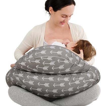 Yoofoss Nursing Pillow for Breastfeeding, Plus Size Breastfeeding Pillows, Breast Feeding Pillows for Mom and Baby with Adjustable Waist Strap and Removable Cover, Arrow Grey