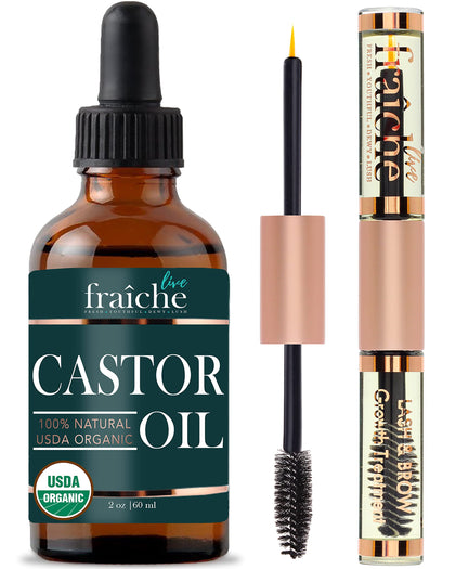 Organic Castor Oil (2oz) + Filled Mascara Tube USDA Certified, 100% Pure, Cold Pressed, Hexane Free by Live Fraiche. Hair Growth Oil for Eyelashes, Eyebrows, Hair. Lash Growth Serum. Brow Treatment