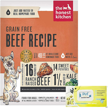 The Honest Kitchen Human Grade Dehydrated Grain Free Dog Food, Beef 10lb with 100ct Pet Wipes