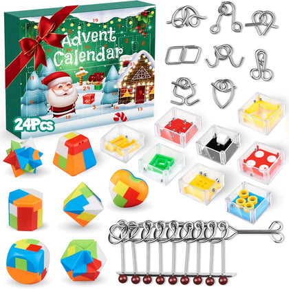 Advent Calendar 2023, Christmas Countdown Calendar with 24Pcs Balance IQ Maze Game Mini Fidget Puzzle Box, 24pcs Brain Teaser Puzzles, IQ Challenge Metal Wire Puzzle for Kids, Boys, Girls, Teens, Adults, Fidget Toys for Autism, ADHD, Autistic, Prizes