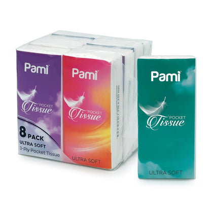 PAMI Ultra-Soft Pocket Tissues [8 Packs x 10 Tissues Per Pack] - 3-Ply Travel Tissue Packs For Kids & Adults- Paper Facial Tissues For Purse, Pocket, Car- Strong & Absorbent Paper Handkerchiefs