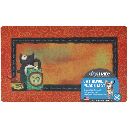 Drymate Cat Bowl Placemat, Pet Food Feeding Mat - Absorbent Fabric, Waterproof Backing, Slip-Resistant - Machine Washable/Durable (USA Made) (12 x 20) (Hungry Kitty)