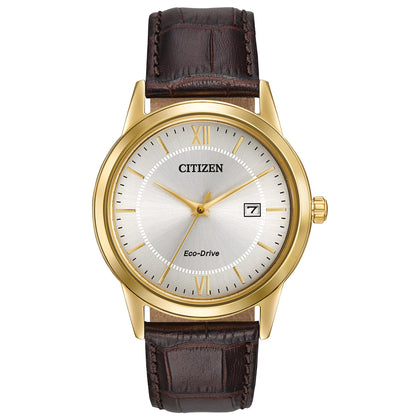 Citizen Men's Classic Eco-Drive Leather Strap Watch, 3-Hand Date, Luminous Hands and Markers, Brown Strap/ Gold Tone