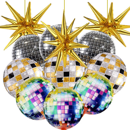 12 Pcs Disco Ball Balloons, Huge Gold Explosion Star Aluminum Foil Balloons for Birthday, Bachelorette Party, 70s 80s 90s Theme Disco Party Decorations Supplies