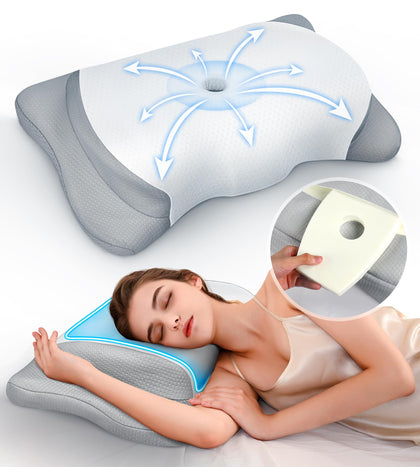 Adjustable Height Cervical Neck Pillow for Pain Relief, Hollow Contour Pillow with Cooling Breathable Pillowcase, Odorless Memory Foam Pillows, Orthopedic Bed Pillow Support Shoulder Side Back Stomach