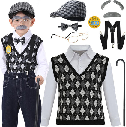Z-Shop Old Man Costume for Boys 100th Day of School Kids Grandpa Old Person Vest with Hat,2-6