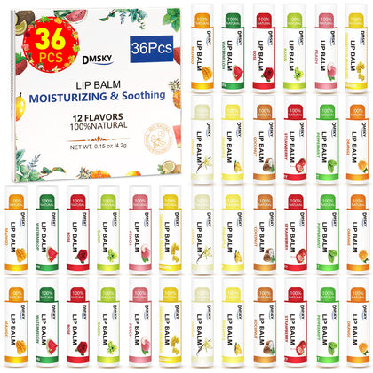 DMSKY 36-Pack Vitamin E Lip Balm in Bulk with Coconut Oil -100% Natural Ingredients- Lip Moisturizer Treatment - Moisturizing, Soothing, Chapped Lips. Assortment of 12 Flavors