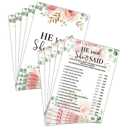 Bridal Shower Game Set - He Said She Said Party Cards for Wedding - Floral Wedding Party Favor Decor - Blush Pink Engagement/Bachelorette Party Games Supplies & Activities - 30 Game Cards(C01)