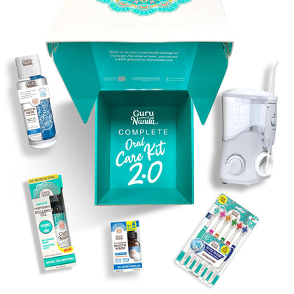 GuruNanda Complete Oral Care Kit 2.0 with CocoMint Pulling Oil, Butter on Gums Toothbrush, Table Top Water Flosser, Concentrated Mouthwash & Dual Barrel Mouthwash