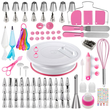 Cake Decorating Kit,137pcs Cake Decorating Supplies with Cake Turntable for Decorating,Pastry Piping Bag,Russian Piping Tips Baking Tools, Cake Baking Supplies for Beginners(Pink)