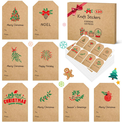 Sooez Christmas Gift Tags, 120Pcs Natural Kraft Gift Stickers for Christmas Presents, Self Adhesive to and from Name Tags, Xmas Present Labels for Holiday Gift Box Wrapping Paper, 8 Designs, 2