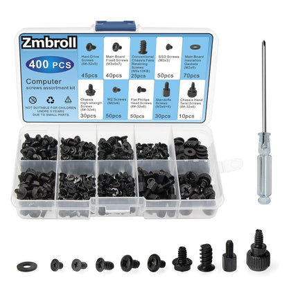 Zmbroll 400Pcs Computer Screws Standoffs Kit SSD Screw for Universal Motherboard PC Computer Case Screw Fan CD-ROM with Screwdriver