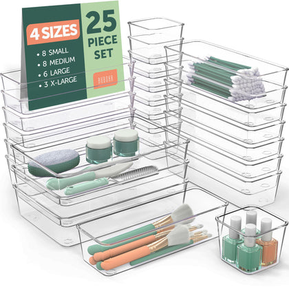 Ruboxa Clear Drawer Organizer, [25 PCS] Plastic Organizers for Home Organization and Storage, Including 4 Sizes Small Bins, Non-Slip Pads, for Bathroom, Kitchen, Vanity & Office