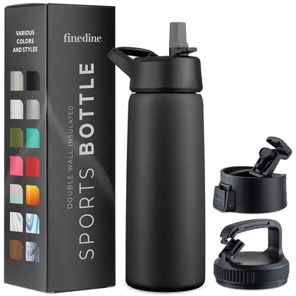 FineDine Insulated Water Bottles with Straw - 25 Oz Stainless Steel Metal Water Bottle W/ 3 Lids - Reusable for Travel, Camping, Bike, Sports - Inky Raven Black