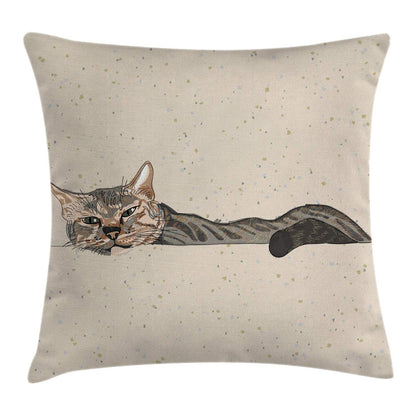 Ambesonne Cat Throw Pillow Cushion Cover, Lazy Sleepy Cat in Earth Tones Furry Mascot Indoor Pet Art Illustration, Decorative Square Accent Pillow Case, 18