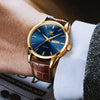 QBAIZI Watches for Men Leather Band Luxury Gold Blue Men's Wrist Watches Day and Date Nice Minimalist Dress Analog Watch Men Waterproof Relojes para Hombres