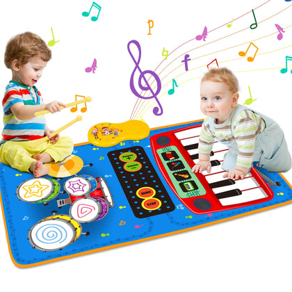 PECMPO Baby 2 in 1 Musical Mats-Piano Keyboard & Drum for Toddlers-Early Education Portable Touch Musical Play mat-Learning Toys Gifts for 1 2 3 4 5+ Ages Baby Girls Boys Toddler