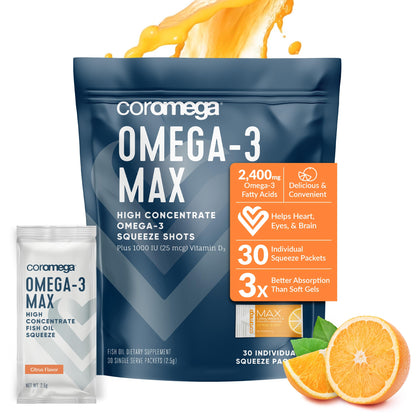 Coromega MAX High Concentrate Omega 3 Fish Oil, 2400mg Omega-3s with 3X Better Absorption Than Softgels, 30 Single Serve Packets, Citrus Burst Flavor; Supplement with Vitamin D