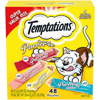 Temptations Creamy Puree with Beef Liver, Salmon, Chicken, and Tuna Variety Pack of Lickable, Squeezable Cat Treats, 0.42oz Pouches, 48 Count Variety Pack