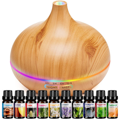 HLS 550ml Aroma Diffusers for Essential Oils Large Room with 10 Essential Oils,Ultrasonic Aromatherapy Diffuser for Home Bedroom, Cool Mist Humidifier Vaporizer