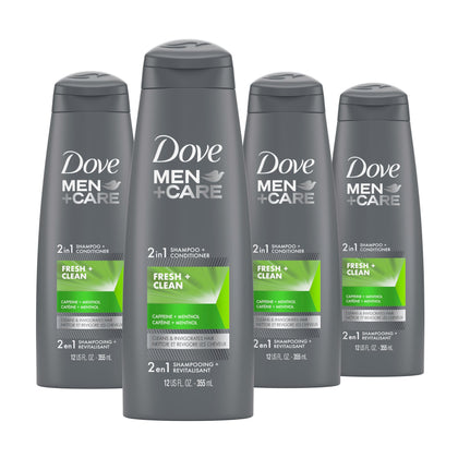 DOVE MEN + CARE Fortifying 2-in-1 Shampoo and Conditioner Fresh and Clean with Caffeine 4 Count For Everyday Care Helps Strengthen and Nourish Hair 12 oz