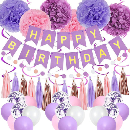 pugkloy Purple Pink Birthday Party Decorations for Women Girls with Happy Birthday Banner,Hanging Swirls,Tissue Paper Pompoms,Circle Dots Garland,Tassel Garland Purple Birthday Balloons (Purple)