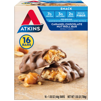 Atkins Caramel Chocolate Nut Roll Snack Bar, Protein Snack, High in Fiber, 2g Sugar, 16 Count