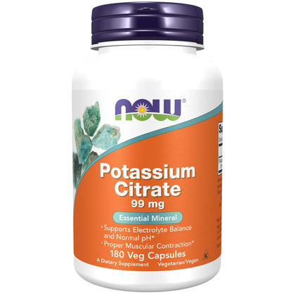 NOW Supplements, Potassium Citrate 99 mg, Supports Electrolyte Balance and Normal pH*, Essential Mineral, 180 Veg Capsules
