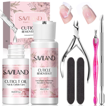 Saviland Cuticle Remover and Cuticle Oil Kit - Nail Care Kit with Cuticle Remover Liquid & Cuticle Oil Cuticle Trimmer for Cuticle Softener & Moisturize Manicure Kit for Salon Home Use, Christmas Gift