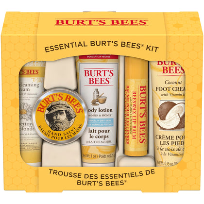 Burt's Bees Christmas Gifts, 5 Stocking Stuffers Products, Everyday Essentials Set - Original Beeswax Lip Balm, Deep Cleansing Cream, Hand Salve, Body Lotion & Coconut Foot Cream, Travel Size