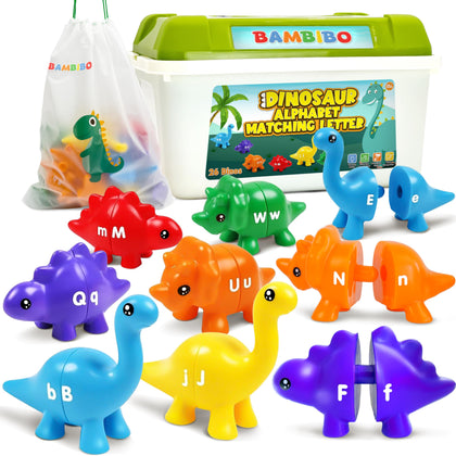 Bambibo Dinosaur Alphabet Learning Toys - 52pcs with Storage Box | 26 Double Sided Dino | Matching Games for Toddlers 3-5 | Preschool Toys | Kindergarten Classroom Must Haves | ABC Learning Toys