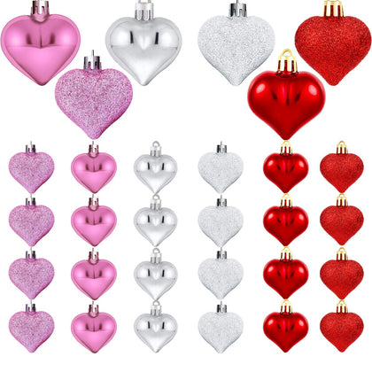 Emopeak Romantic Heart Ornaments for Valentine Tree, 24 Pieces Valentine's Day Heart Baubles - 2 Styles (Glossy, Glitter) 3 Color - Hanging Decorations for Home Wedding Party